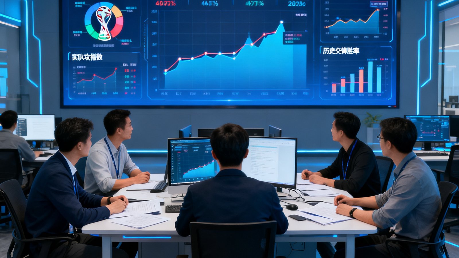 世界杯预测网核心团队在数据中心讨论2026世界杯模型,背后大屏显示实时预测数据