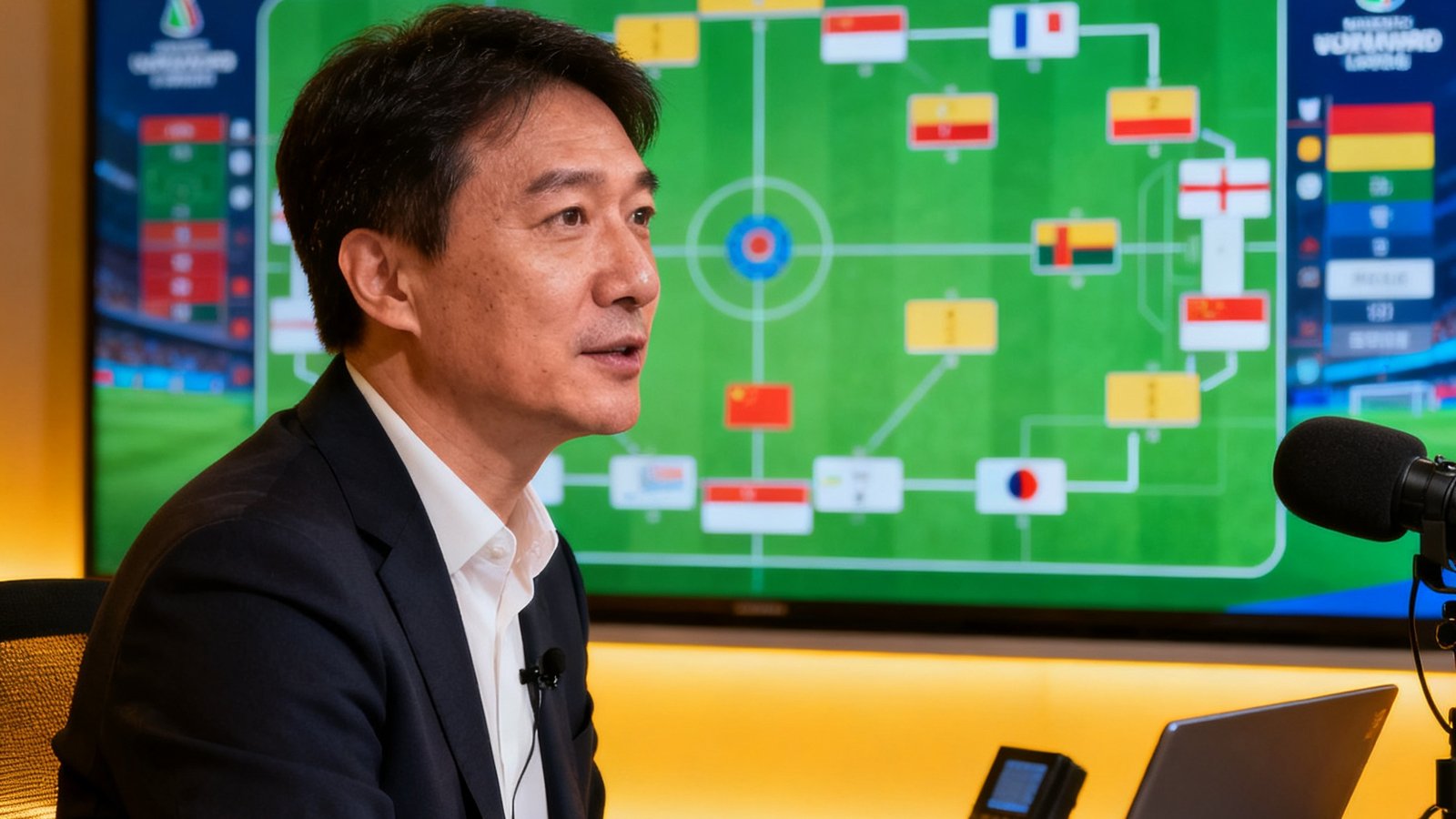 知名足球解说员詹俊在直播间讨论2026世界杯小组赛形势,神情专注